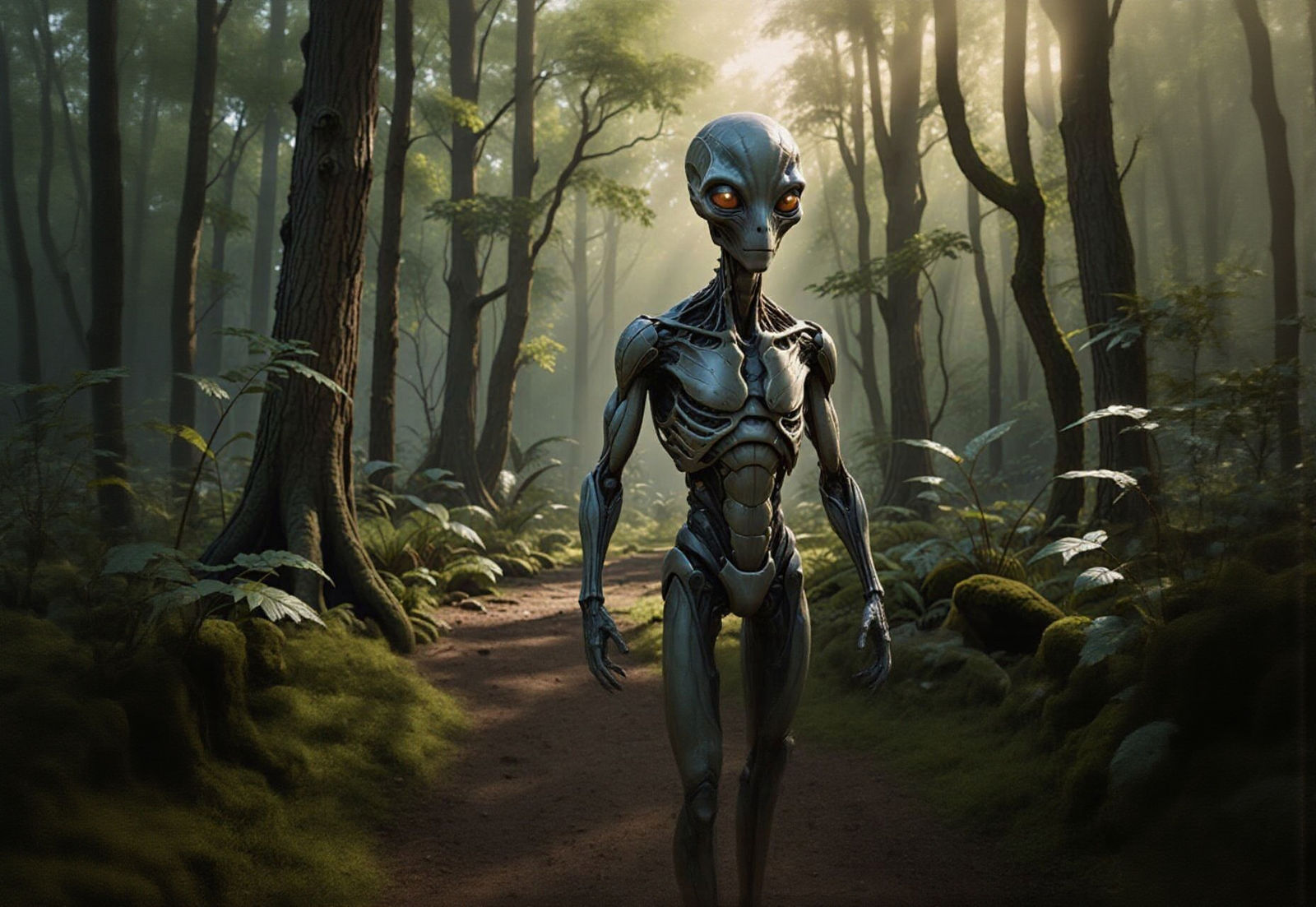 Realistic Grey Alien in Woodland Scene