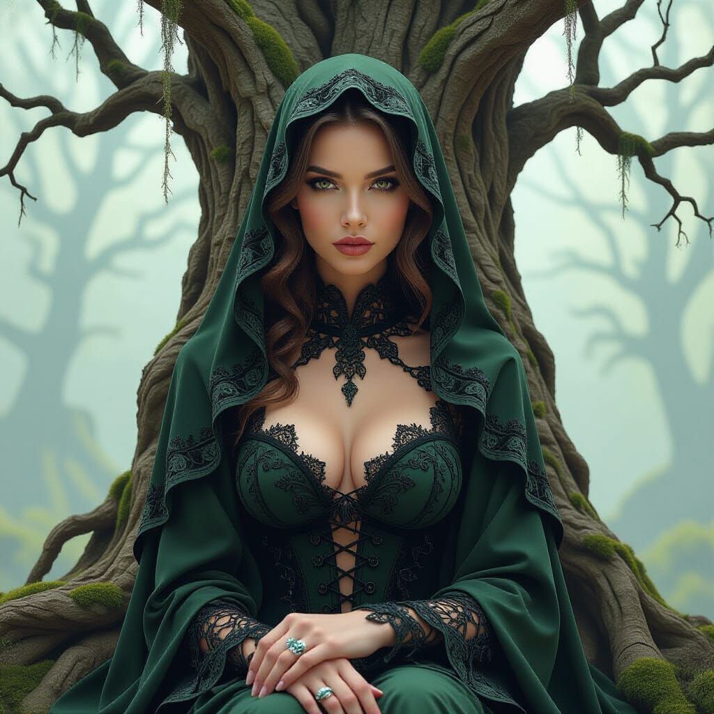 Gothic Woman Merged with Ancient Tree