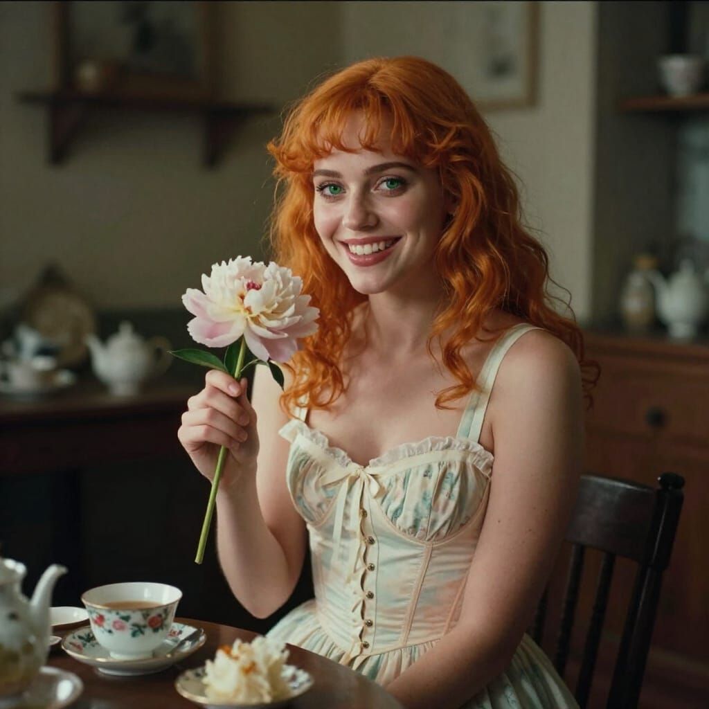 Woman with Peony in Tea Room, Cinematic Film Still