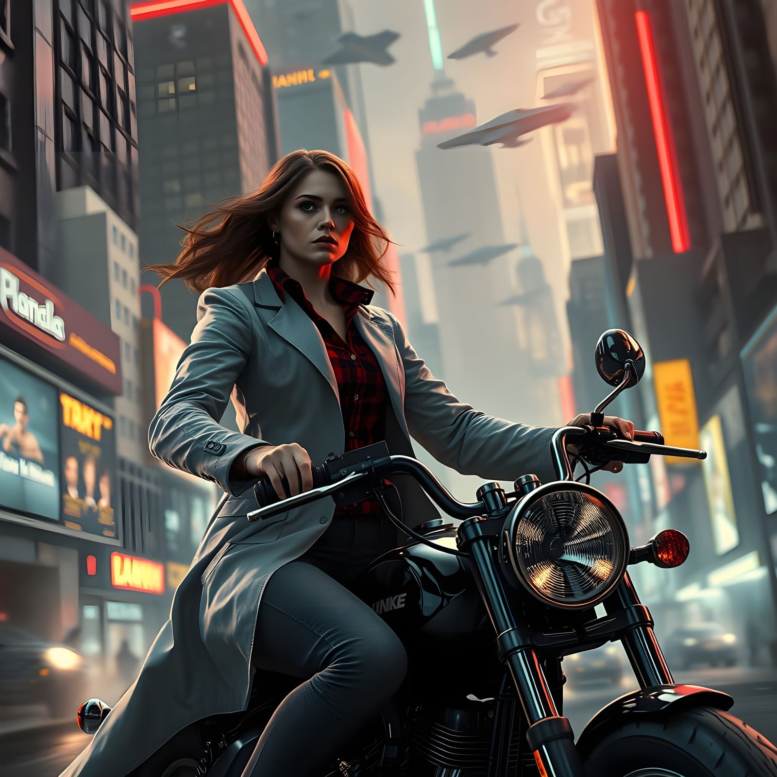 Cyberpunk Woman Rides Motorcycle Through Neon City