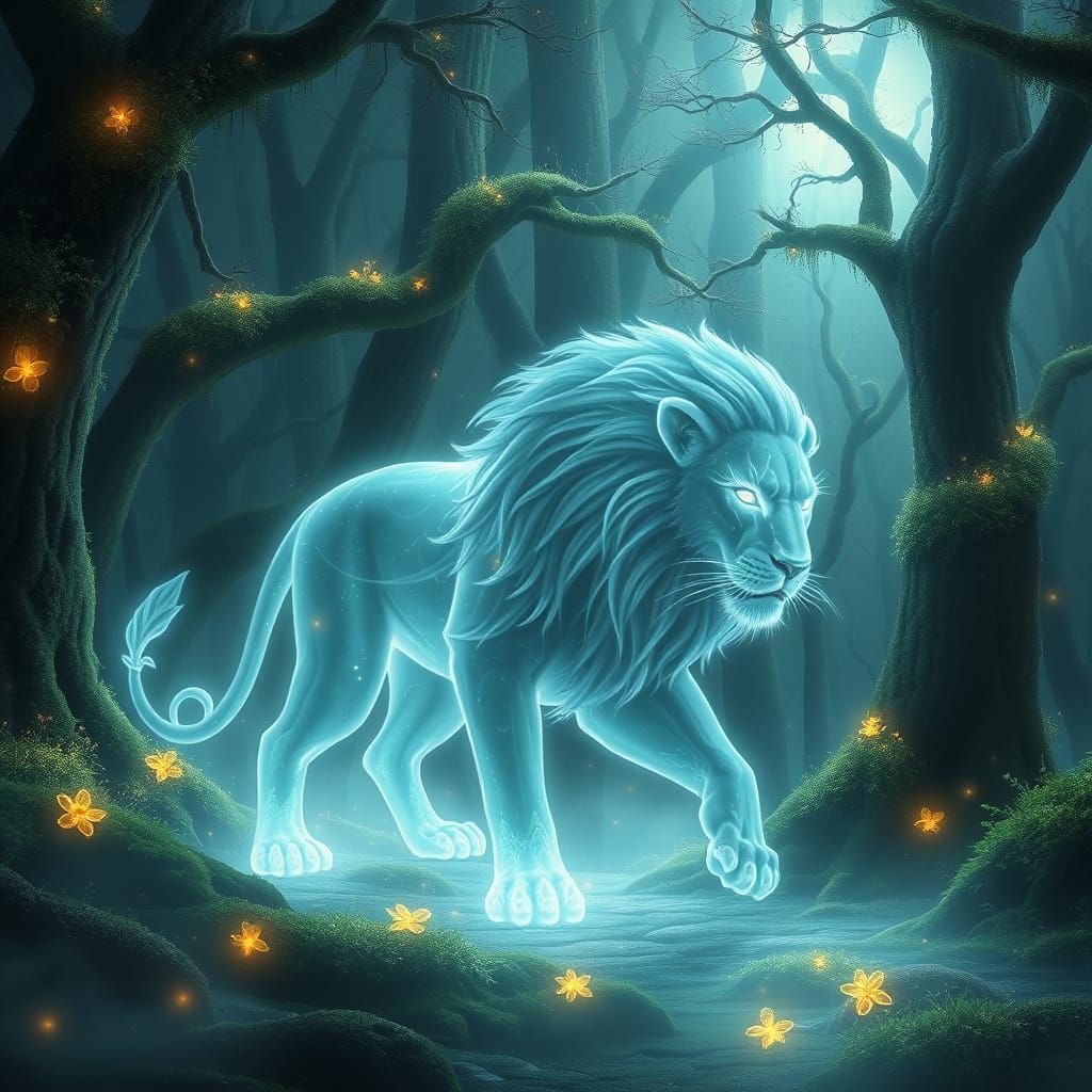 Ethereal Lion Spirit Illuminates Whimsical Forest