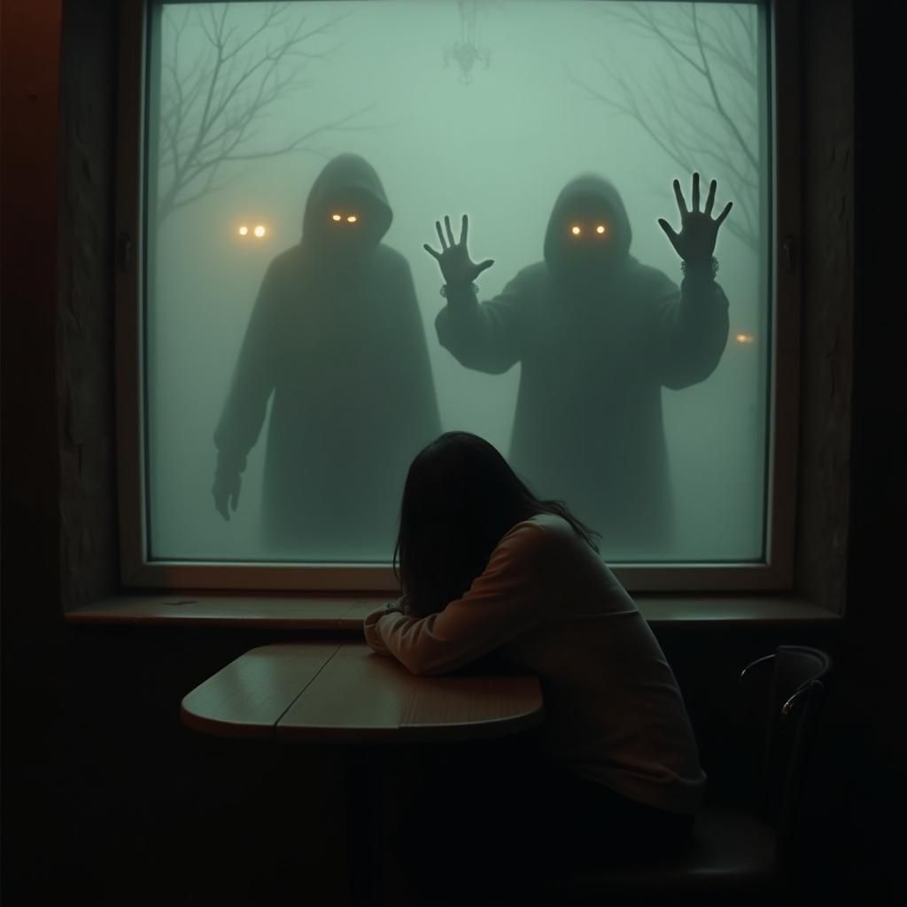 Melancholic Cafe Scene with Shadowy Figures