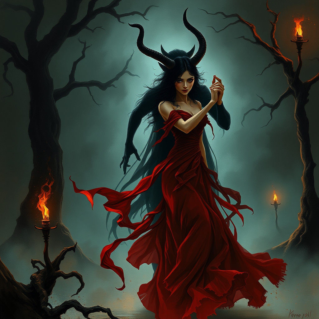 Dark Dance: Elegant Woman and Shadow Figure