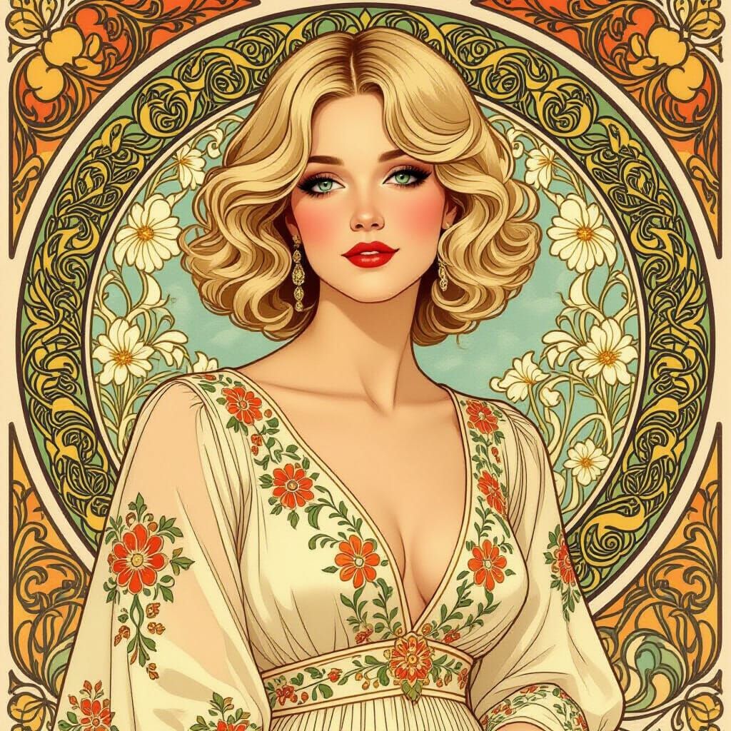Blond Woman in Embroidered Dress, Art Nouveau Style