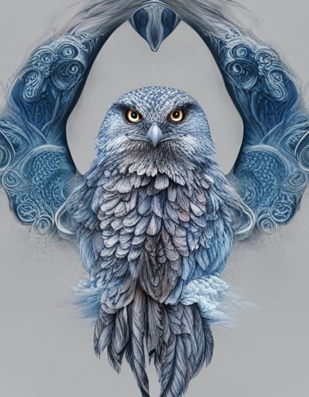 Tawny Frogmouth with Fractals and Runic Symbols