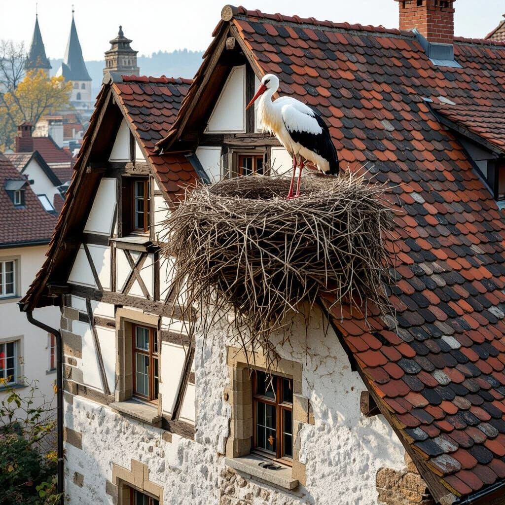 Stork Nest on German Roof in Romantic Style