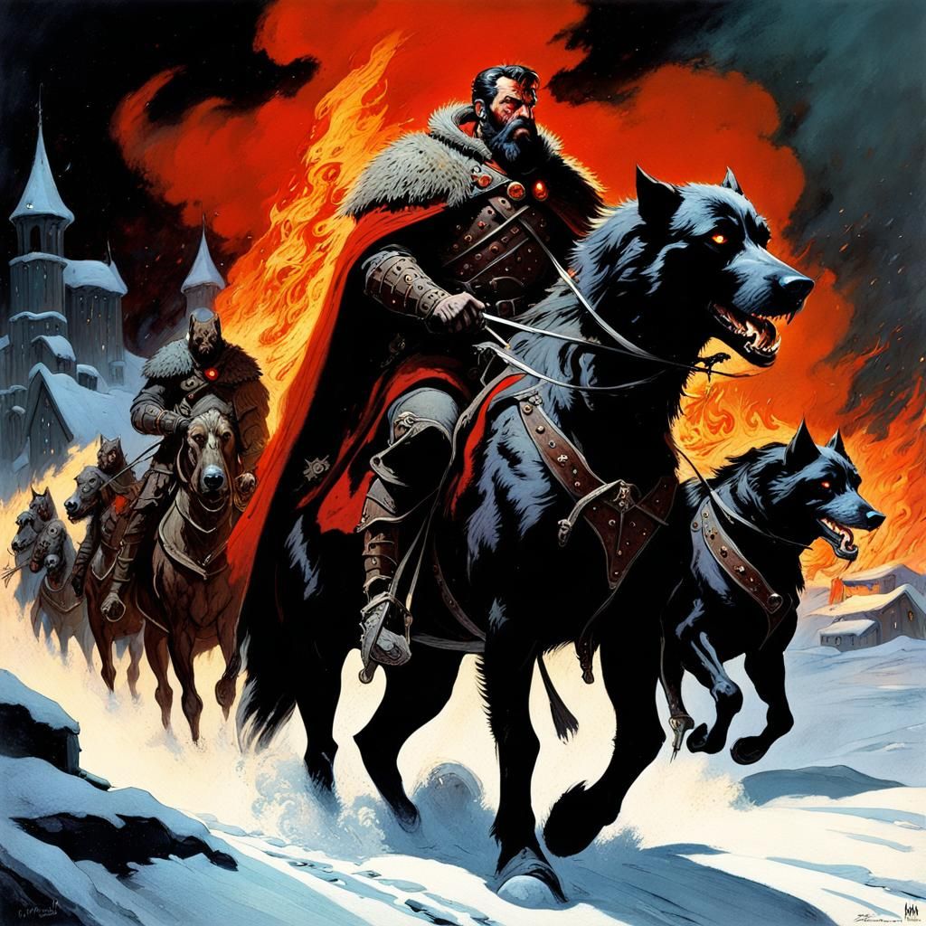 Armored Warrior on Horseback in Snowy Town