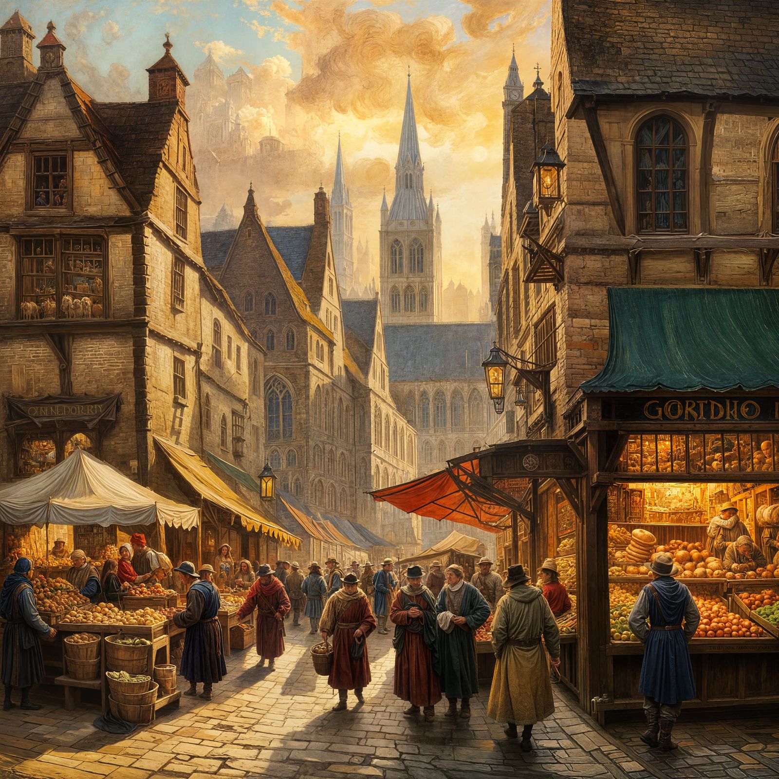 Medieval London Market Day in Oil Painting Style