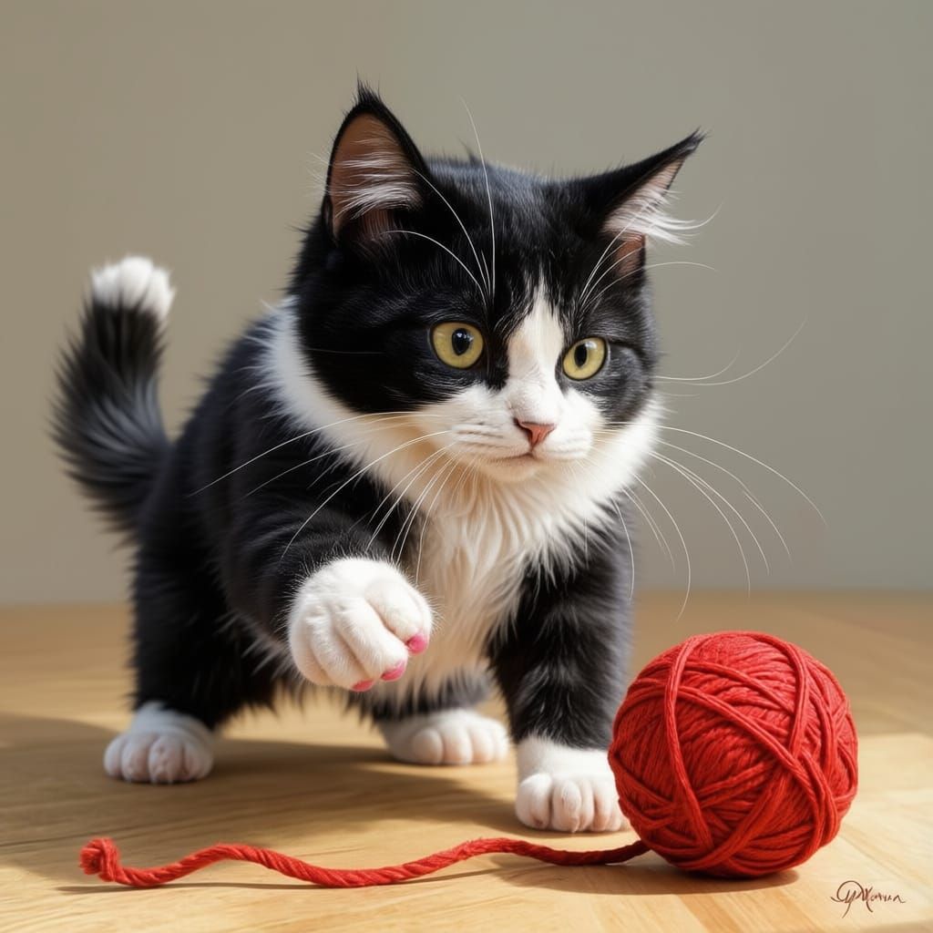 Tuxedo Cat Plays with Yarn Ball