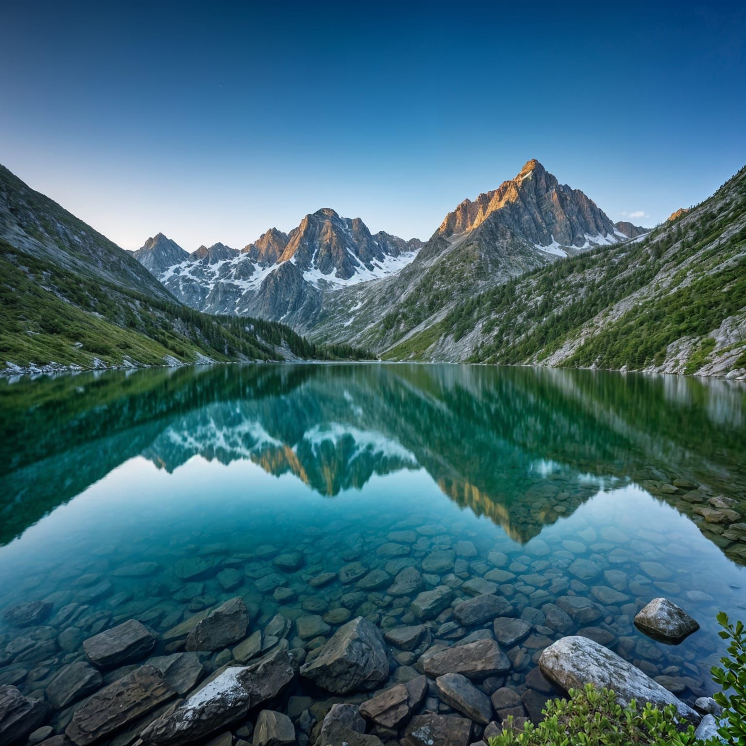 Majestic Mountain Lake Reflects Snowy Peaks and Azure Sky