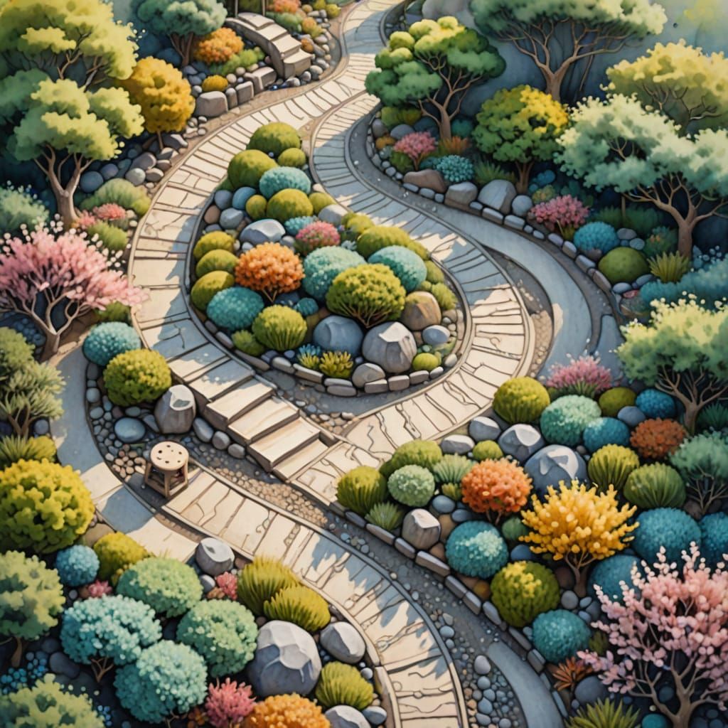 Watercolor painting. Ariel view. An intricate zen garden features winding paths and meticulously raked gravel. Pastel co...