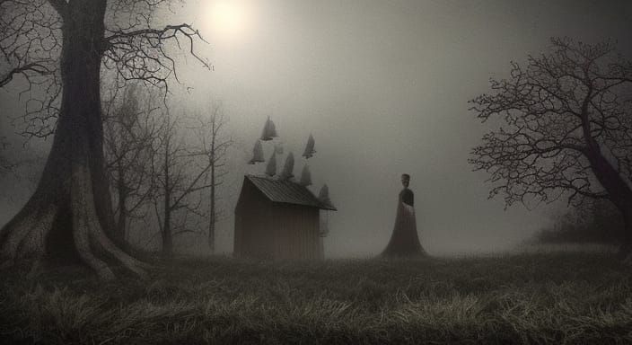 Eerie Floating Faces in Surreal Landscape