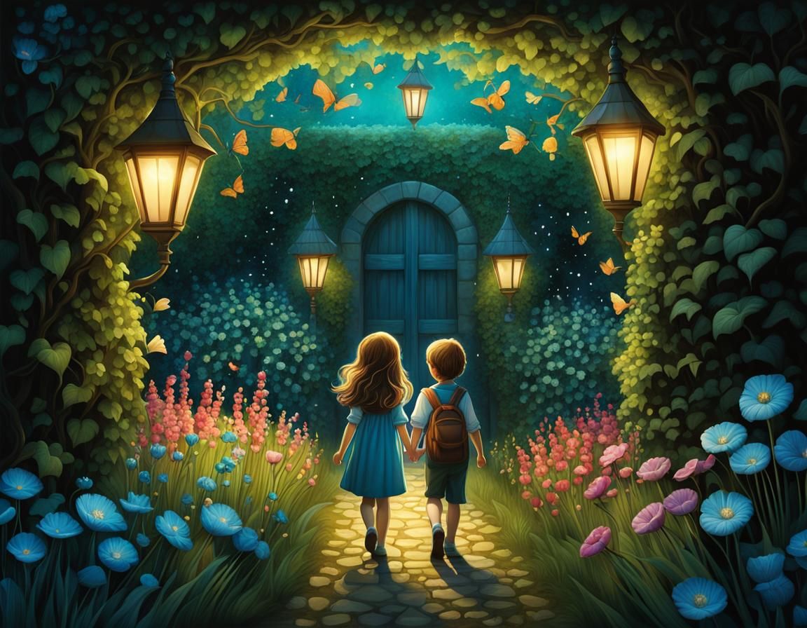 Children in Secret Garden: Magical Digital Illustration