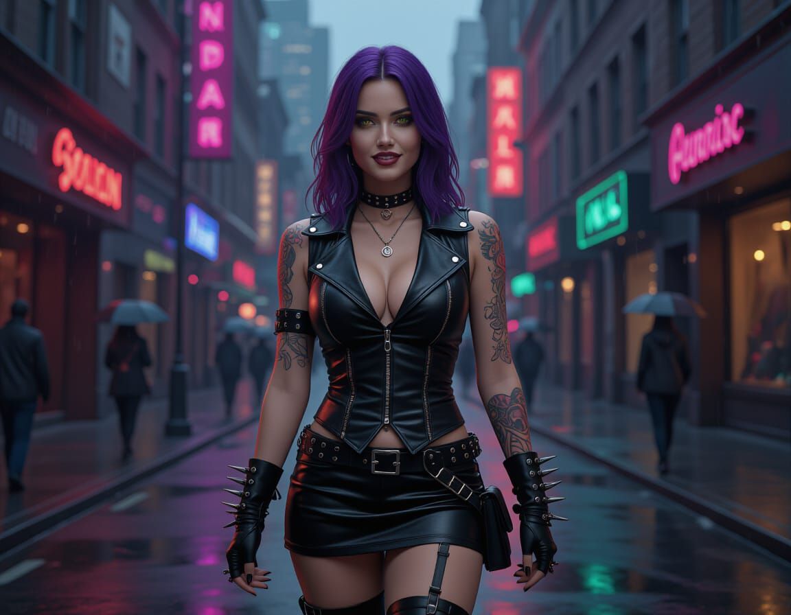 Goth Woman in Neon City, Dark Fantasy Style