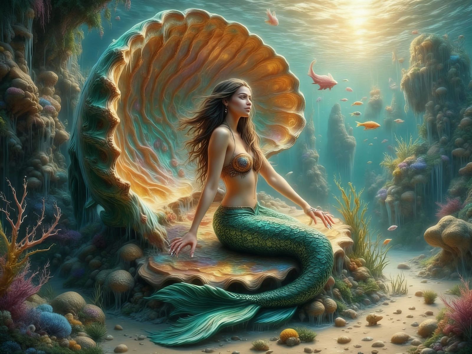 Mermaid Finds Giant Shell in Fantasy Ocean