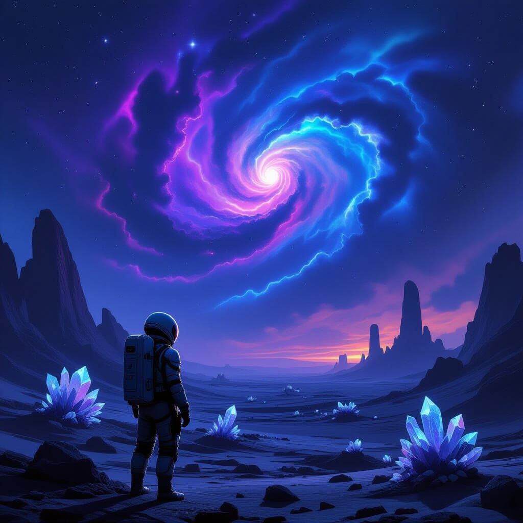 Explorer on Alien Planet Gazing at Swirling Nebula