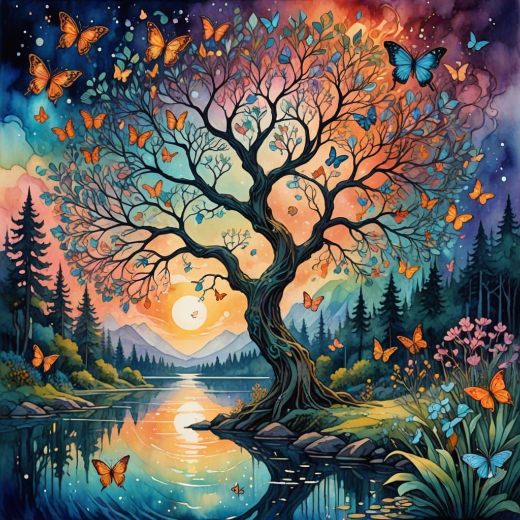 Ethereal Fantasy Landscape with Luminous Blossoms in Waterco...