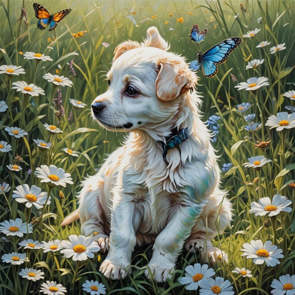 Puppy and Butterfly in Hyperrealistic Oil Painting