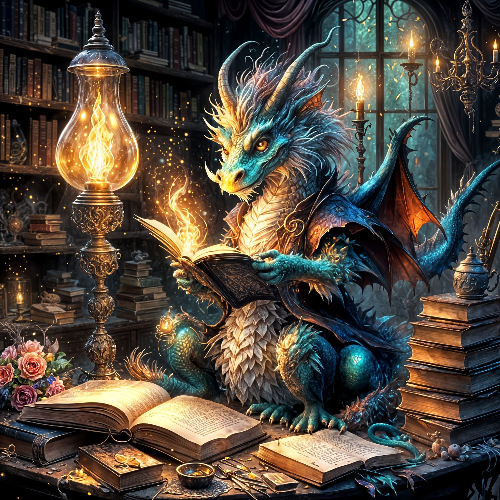 Wise Dragon Scholar in Victorian Watercolor Style