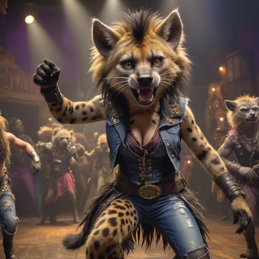 Feminine Furry Hyena Dancing in Theatrical Lighting