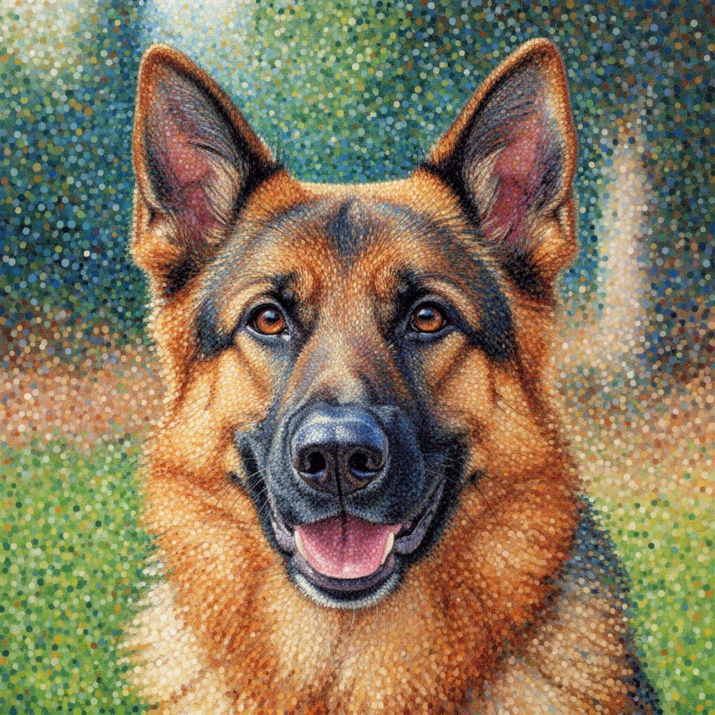 Pointillist German Shepard Portrait in Vibrant Colors