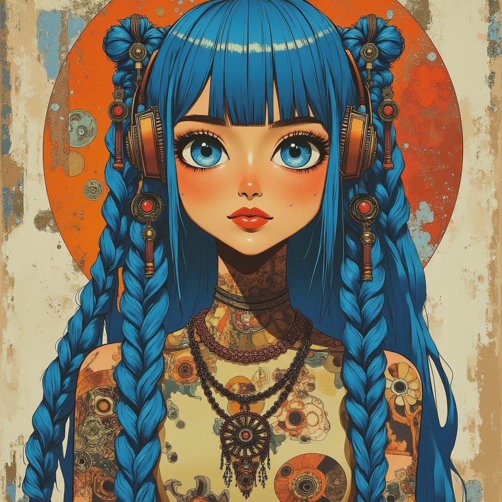 <lora:Ad70s:1.0> Blue girl, blue hair, braids, dreadlocks, big blue eyes, tattoos