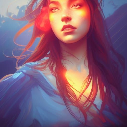 Hyperdetailed Sunset Girl Portrait in Art Nouveau Style