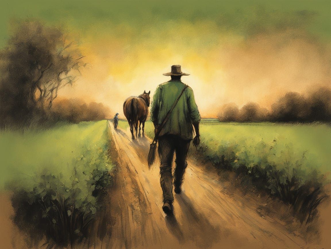 Whimsical Sunrise Farm Scene with Horse and Chalk Drawings