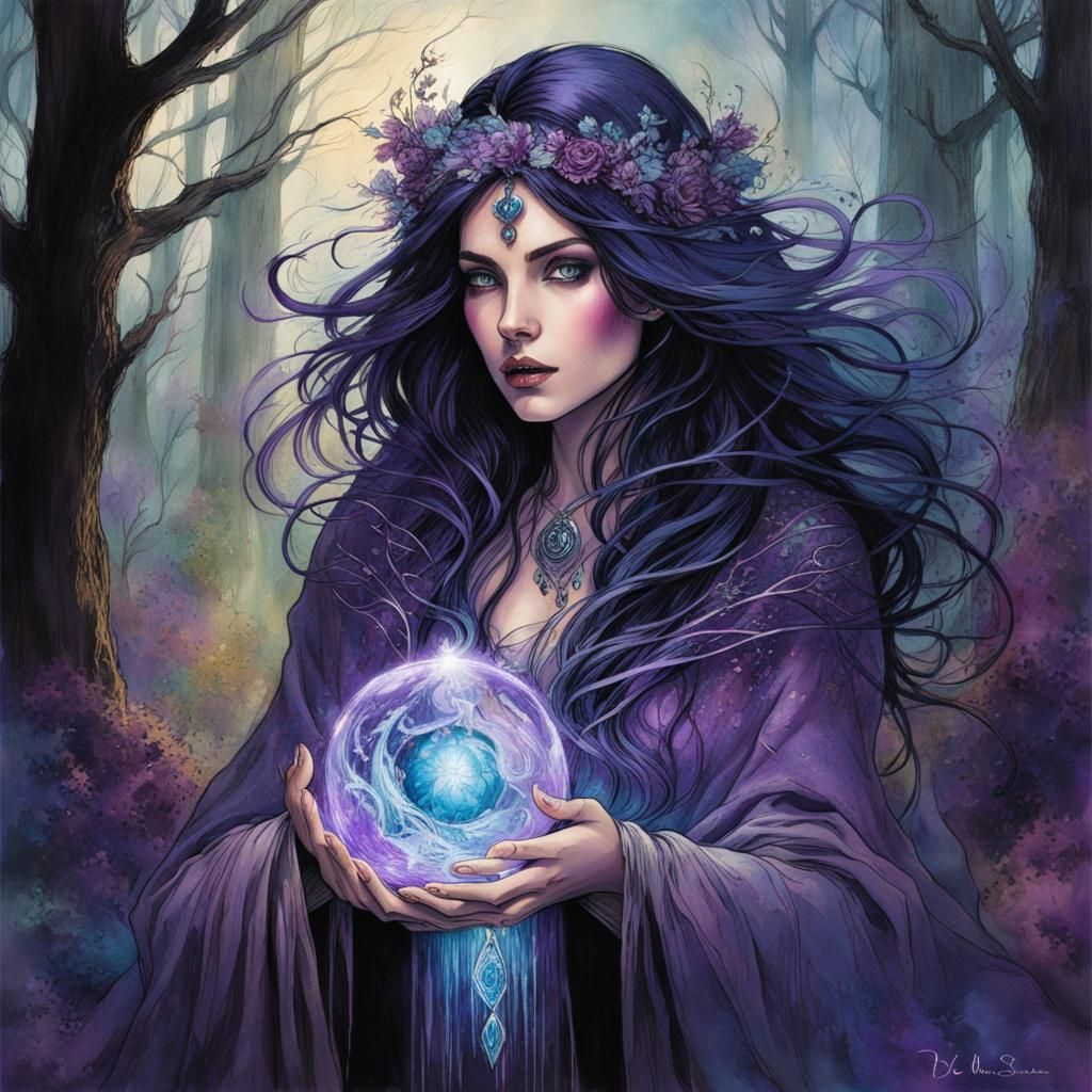 Dream Witch with Purple Energy Orb in Woods