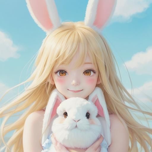 Anime Girl Hugging Bunny in Pastel Colors