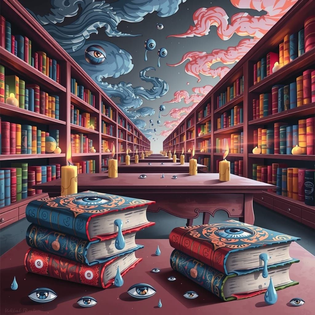 Dreamlike Library in Vibrant Surrealist Style