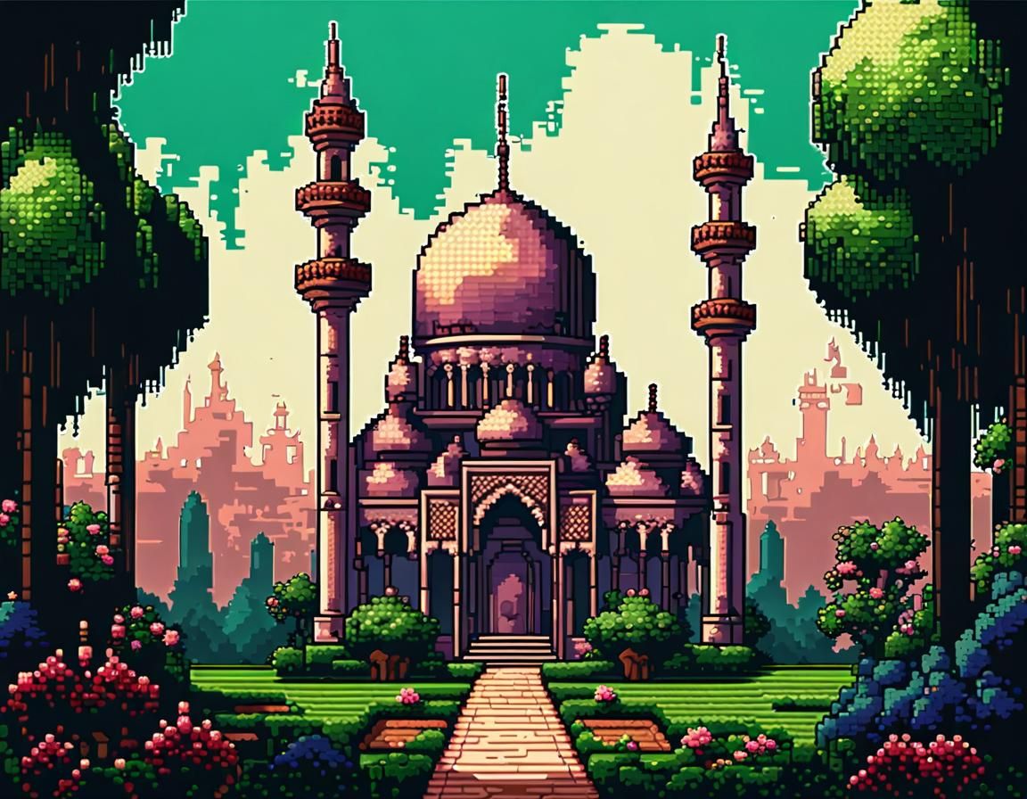 Stunning Mosque in Lush Gardens: Pixel Art