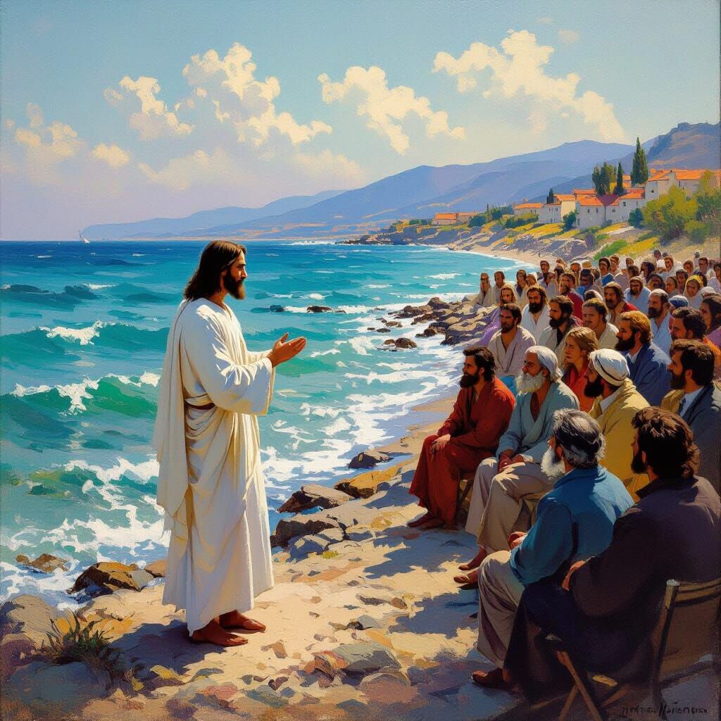 Jesus Teaching by the Sea in Impressionist Style