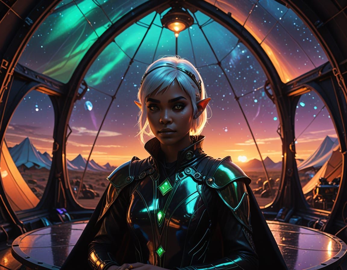 Cinematic Sci-Fi Circus Scene with a Drow Fiddler