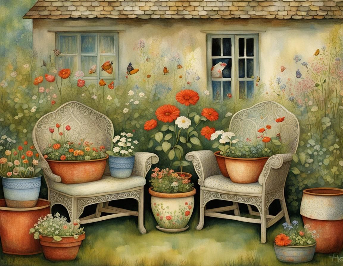 Charming Garden Seating Area Illustration