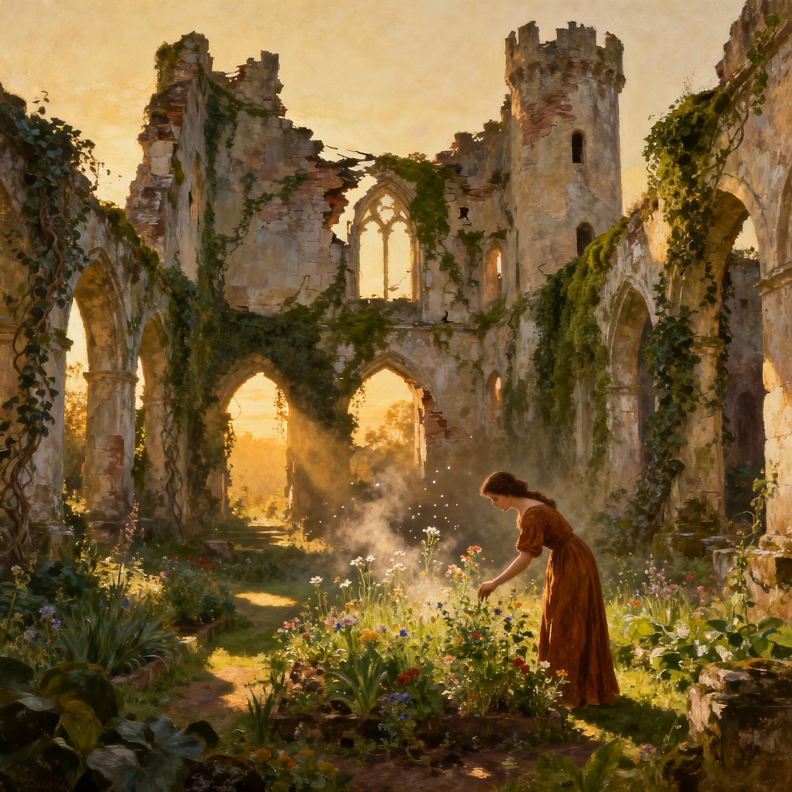 Woman Tends Garden in Castle Ruins, Golden Hour Light