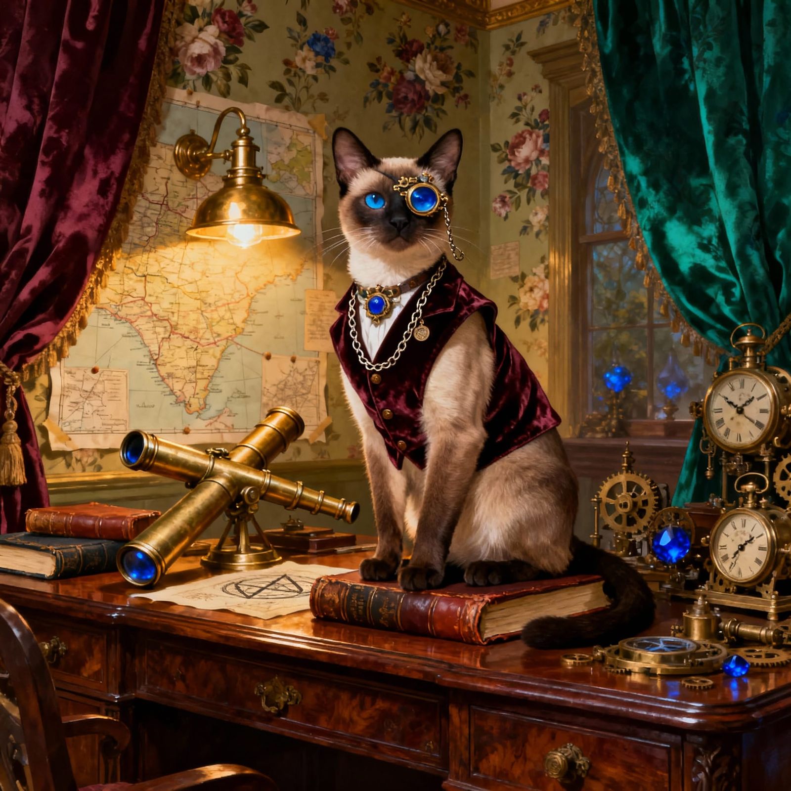 Regal Siamese Cat in Steampunk Victorian Study