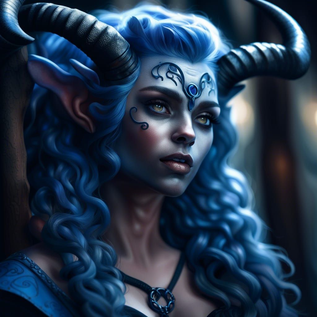 Detailed Tiefling with Curled Horns in Fantasy Art