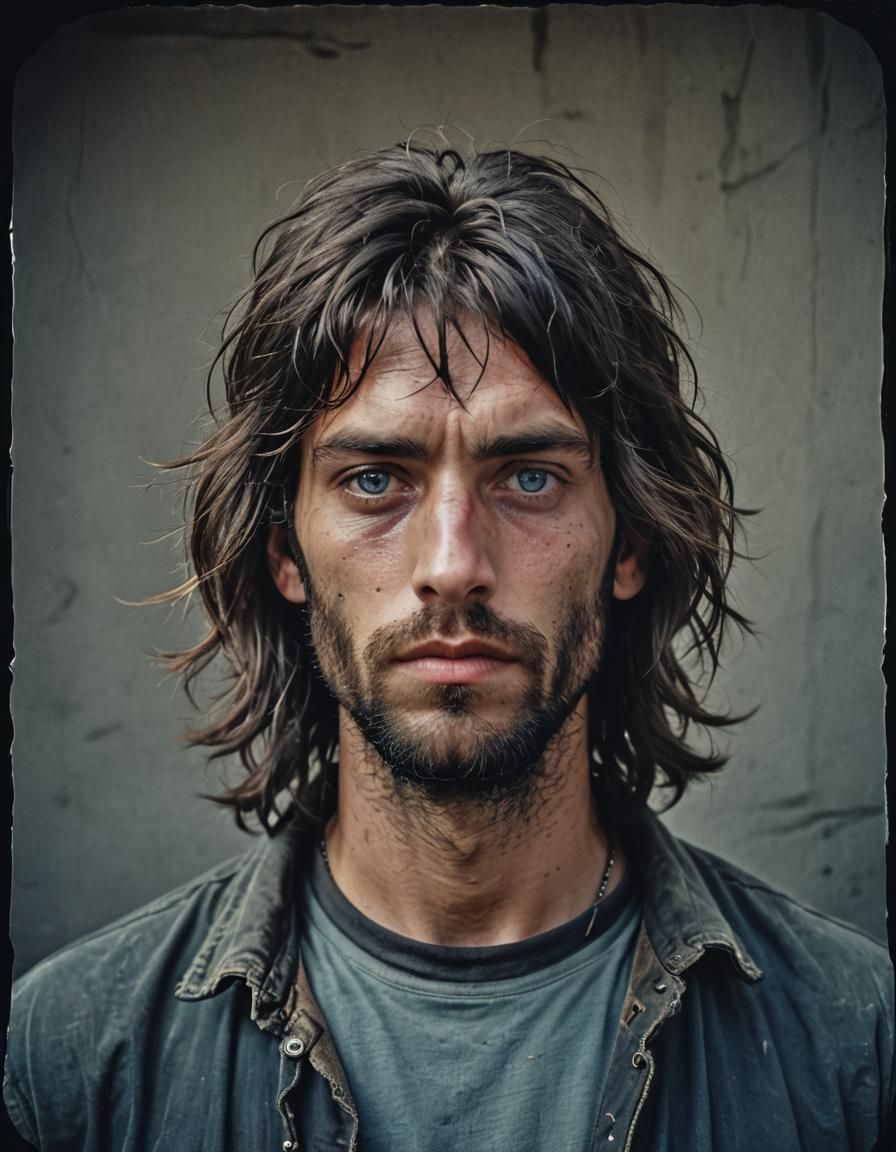 Cinematic Mugshot of a Tired Homeless Man