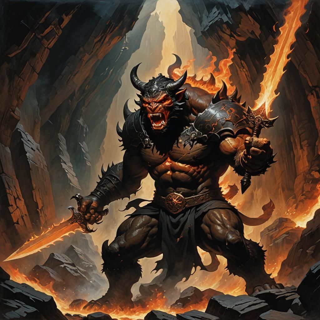 Epic Balrog in a Fiery Cavern, Oil Painting