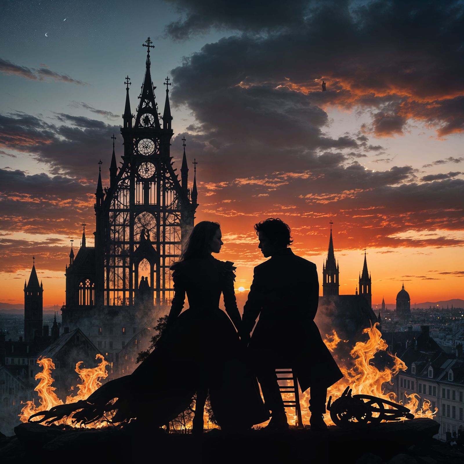 Gothic Couple Silhouette at Sunset: Double Exposure Art