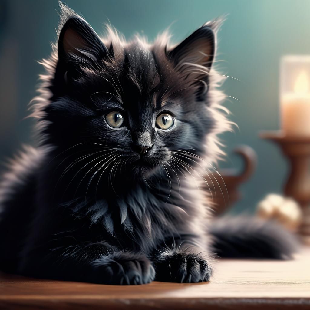 Fluffy Black Kitten on Table: Whimsical Digital Art