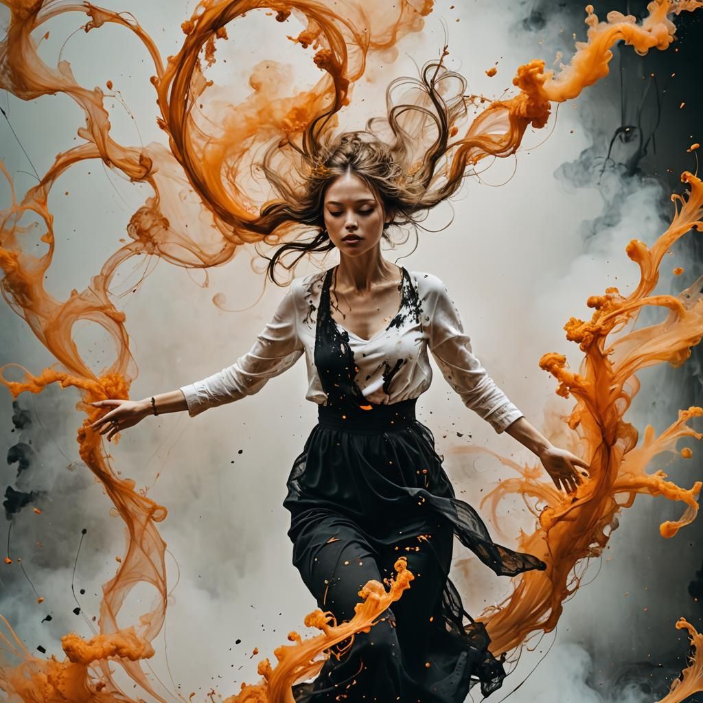 Liquid Woman Dissolving into Swirling Smoke