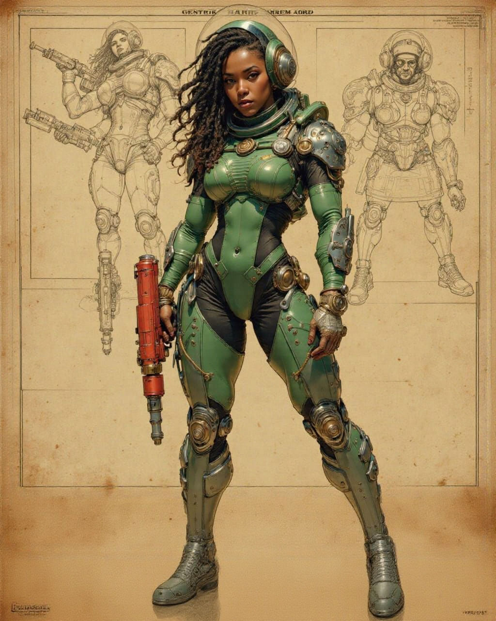 Muscular Black Woman in Retro-Futuristic Spacesuit Holding R...