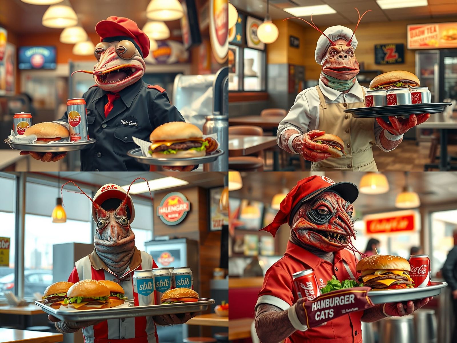 A Revolting Prawn Ape Greets Customers in a Hamburger Restau...