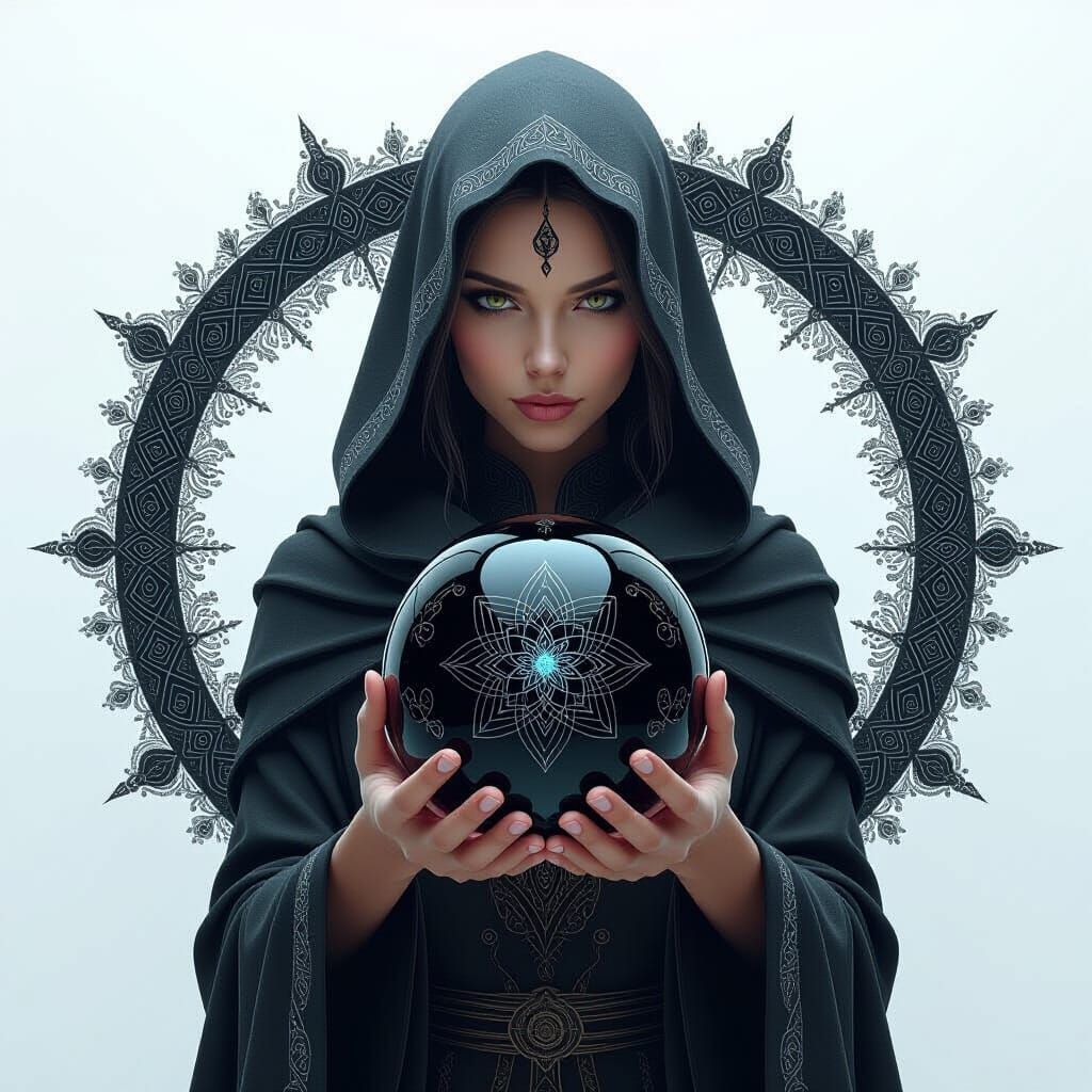 Mystical Sorceress with Black Magic Orb in Digital Art