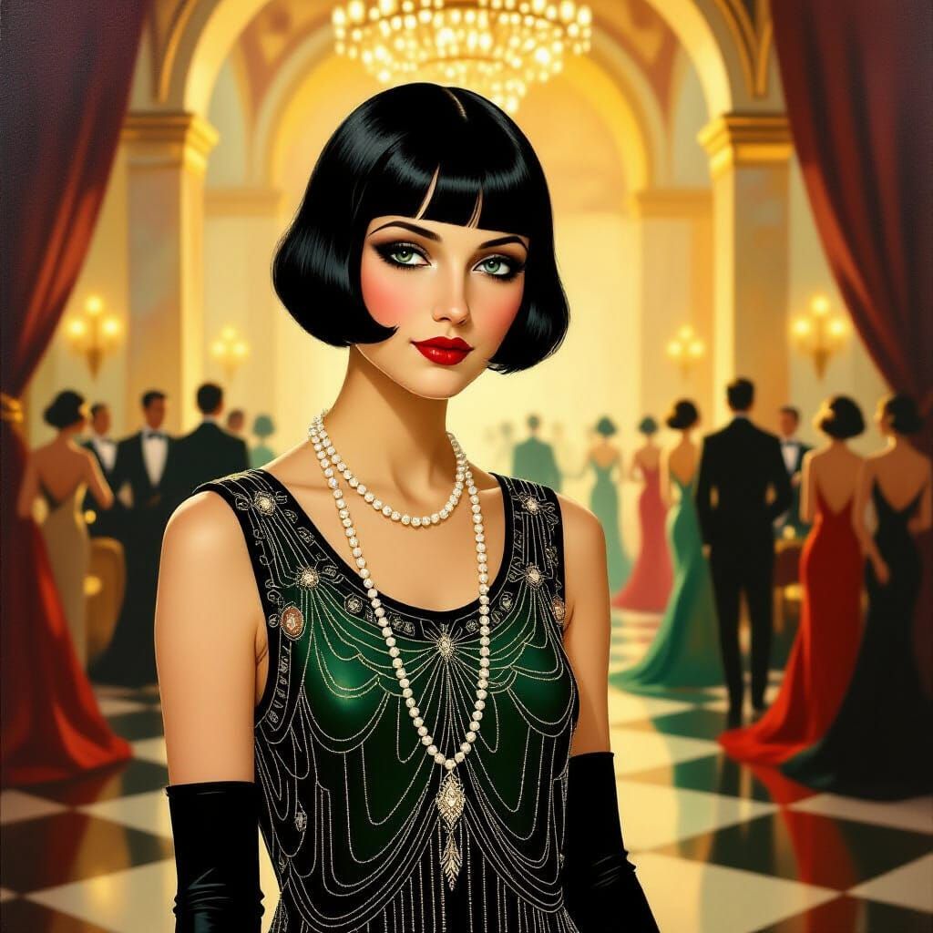 Roaring Twenties Flapper in Art Deco Ballroom Oil Painting