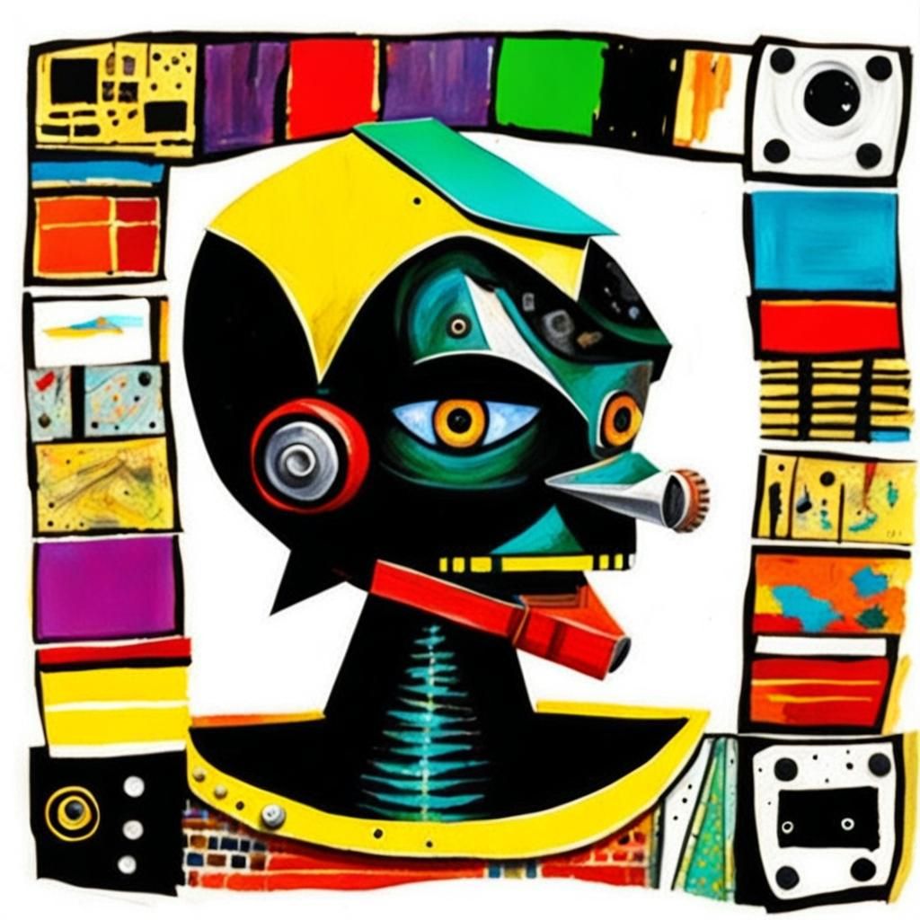 Abstract Robot Portrait in Mixed Media Collage