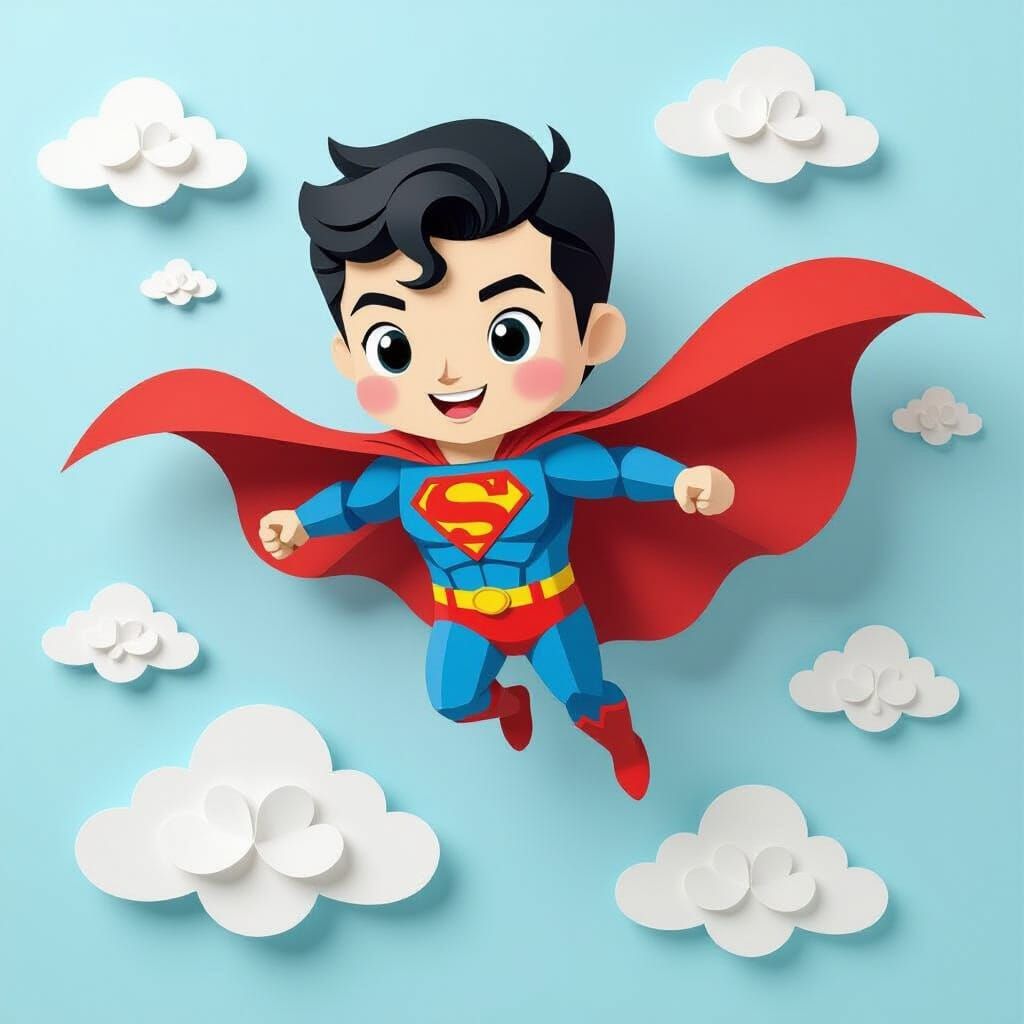 Chibi Superman Soaring, Intricate Paper Art Illustration