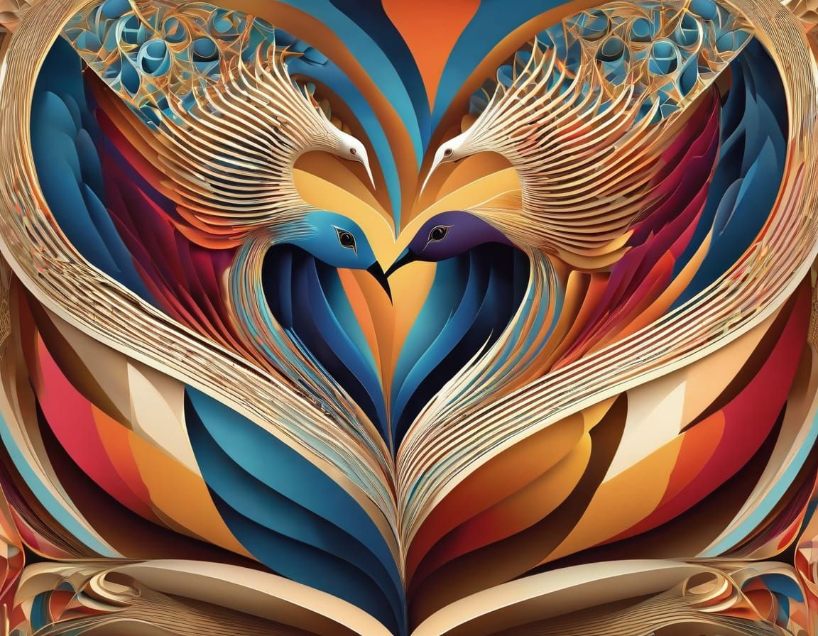 Cubist Heart Doves in Fractal Landscape